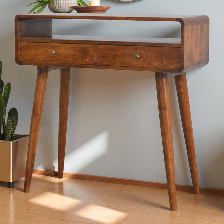 Chocolate Brown Lacquered Oak-Finish Solid Mango Wood Curved Chestnut Console with Scandinavian Legs