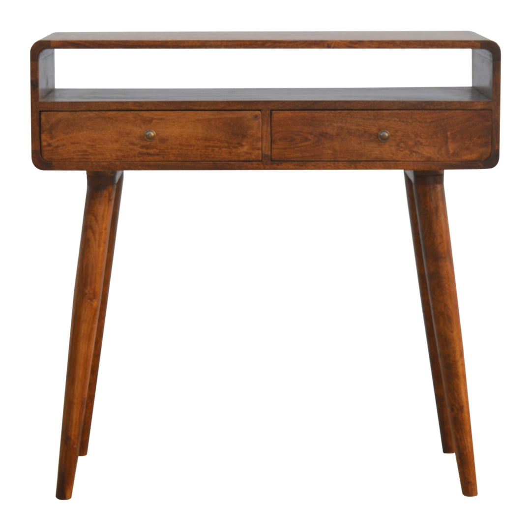 Chocolate Brown Lacquered Oak-Finish Solid Mango Wood Curved Chestnut Console with Scandinavian Legs