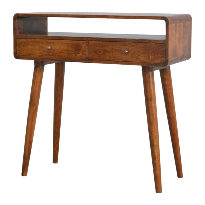 Chocolate Brown Lacquered Oak-Finish Solid Mango Wood Curved Chestnut Console with Scandinavian Legs