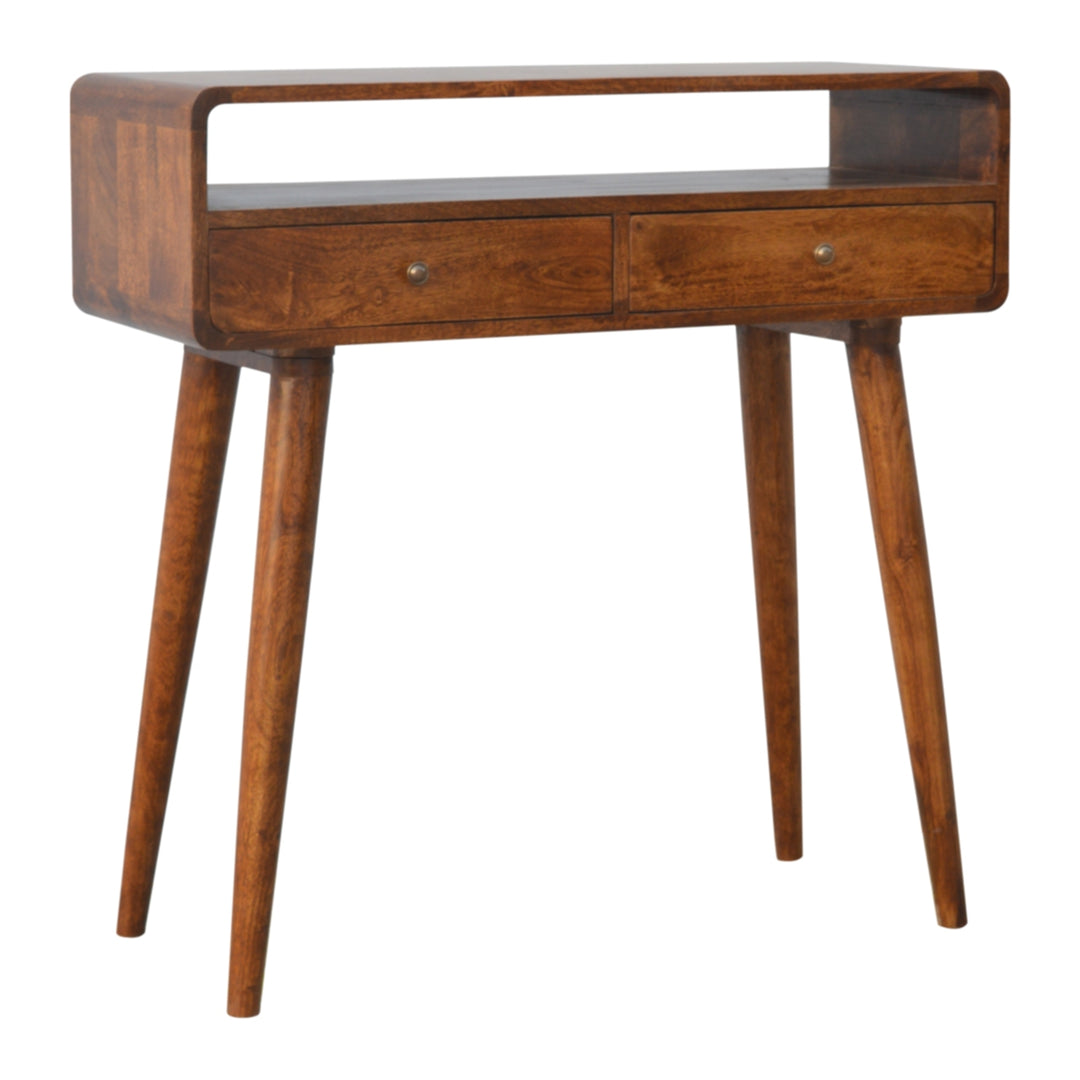 Chocolate Brown Lacquered Oak-Finish Solid Mango Wood Curved Chestnut Console with Scandinavian Legs