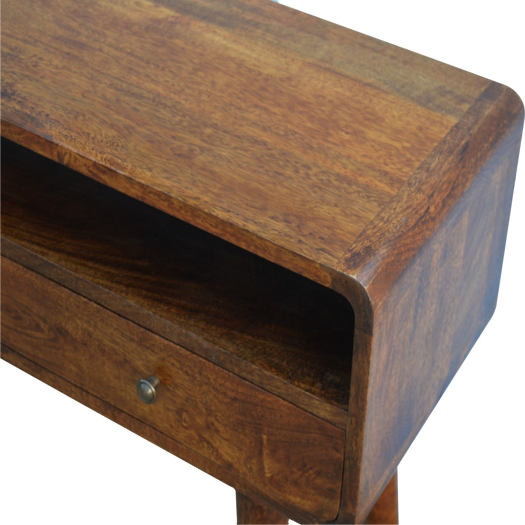Chocolate Brown Lacquered Oak-Finish Solid Mango Wood Curved Chestnut Console with Scandinavian Legs
