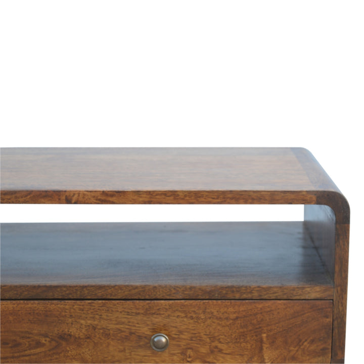 Chocolate Brown Lacquered Oak-Finish Solid Mango Wood Curved Chestnut Console with Scandinavian Legs
