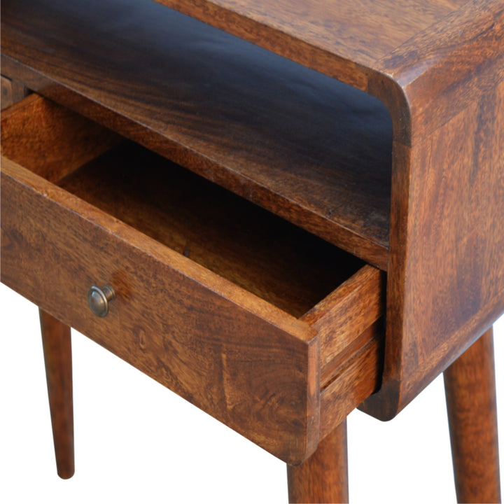 Chocolate Brown Lacquered Oak-Finish Solid Mango Wood Curved Chestnut Console with Scandinavian Legs