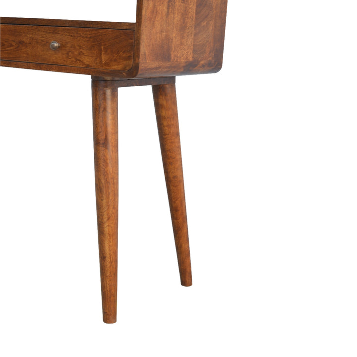 Chocolate Brown Lacquered Oak-Finish Solid Mango Wood Curved Chestnut Console with Scandinavian Legs
