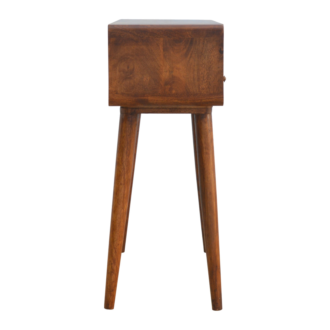 Chocolate Brown Lacquered Oak-Finish Solid Mango Wood Curved Chestnut Console with Scandinavian Legs