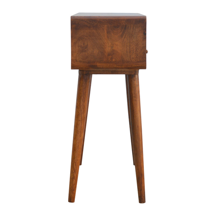 Chocolate Brown Lacquered Oak-Finish Solid Mango Wood Curved Chestnut Console with Scandinavian Legs