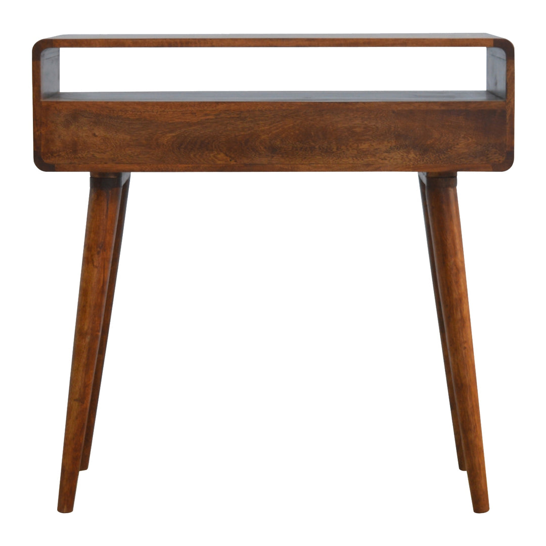 Chocolate Brown Lacquered Oak-Finish Solid Mango Wood Curved Chestnut Console with Scandinavian Legs