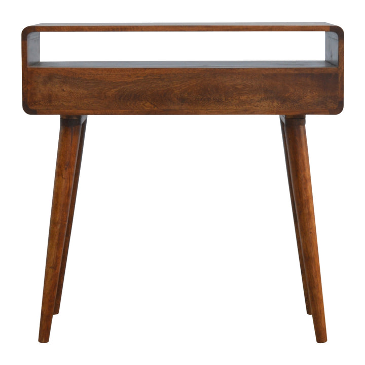 Chocolate Brown Lacquered Oak-Finish Solid Mango Wood Curved Chestnut Console with Scandinavian Legs