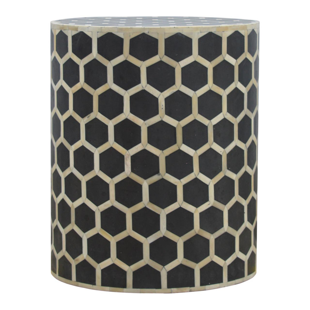 Brown Matt Solid Mango Wood Bone Inlay Occasional Stool with Artisanal Pattern Detailing