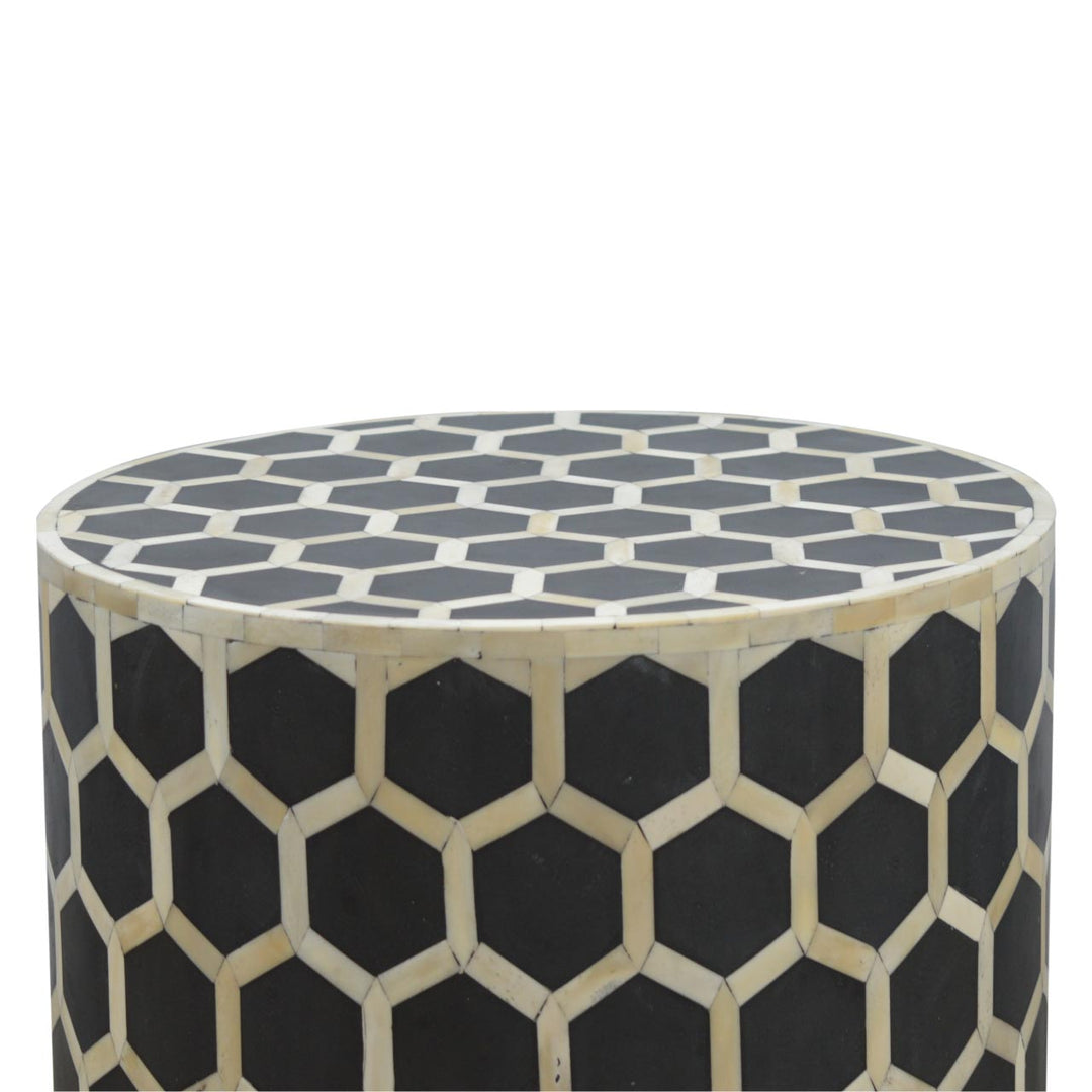 Brown Matt Solid Mango Wood Bone Inlay Occasional Stool with Artisanal Pattern Detailing
