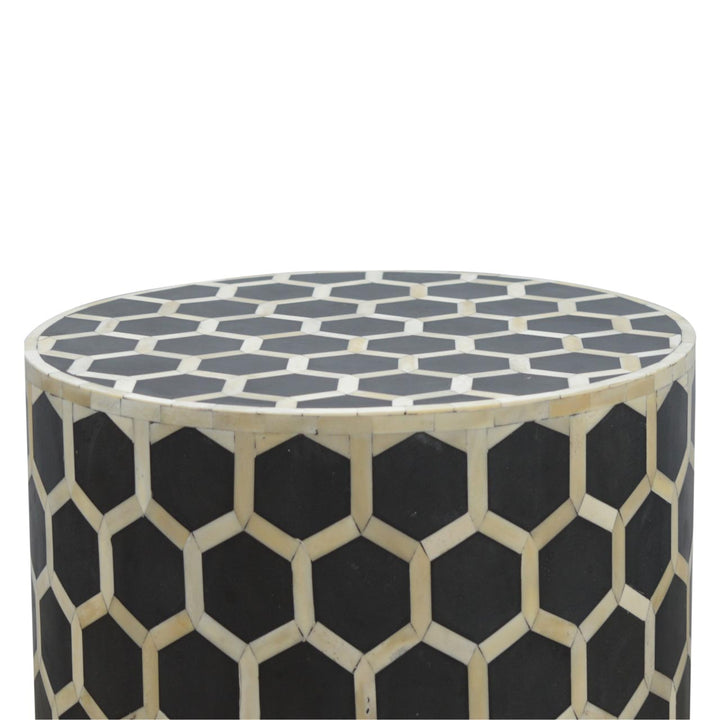 Brown Matt Solid Mango Wood Bone Inlay Occasional Stool with Artisanal Pattern Detailing