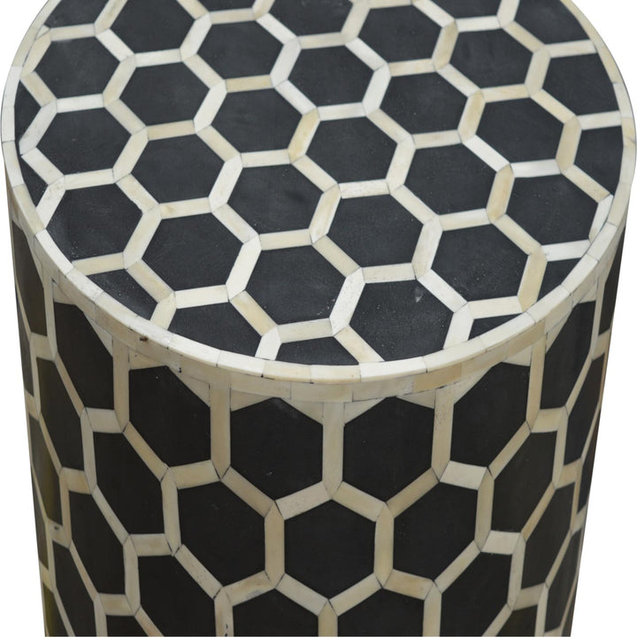 Brown Matt Solid Mango Wood Bone Inlay Occasional Stool with Artisanal Pattern Detailing