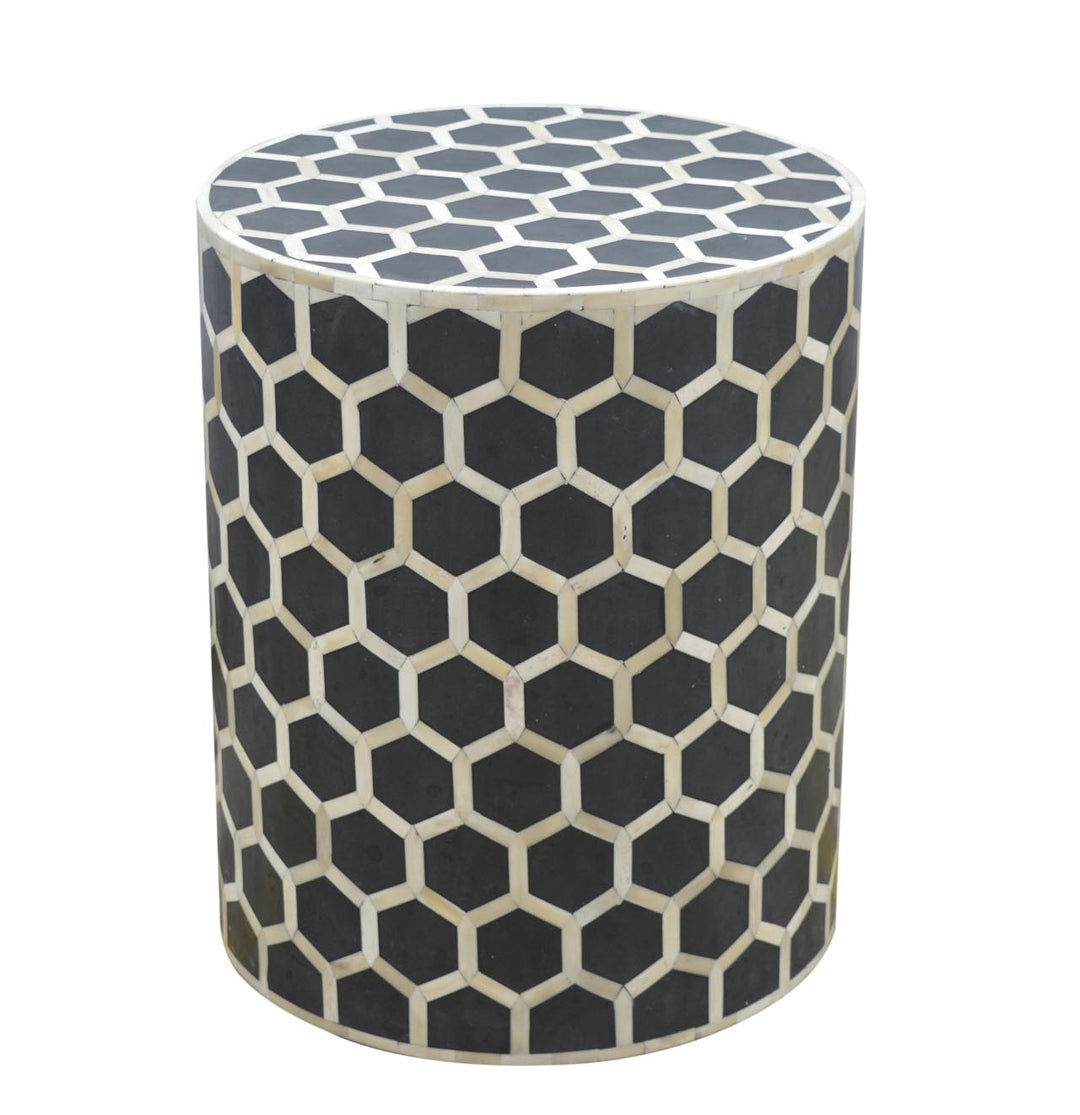 Brown Matt Solid Mango Wood Bone Inlay Occasional Stool with Artisanal Pattern Detailing