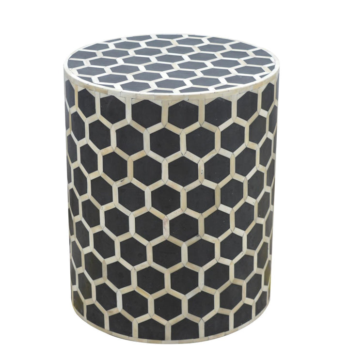 Brown Matt Solid Mango Wood Bone Inlay Occasional Stool with Artisanal Pattern Detailing