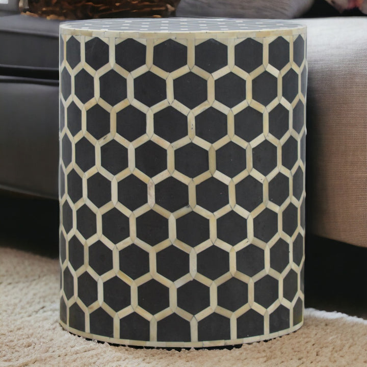 Brown Matt Solid Mango Wood Bone Inlay Occasional Stool with Artisanal Pattern Detailing