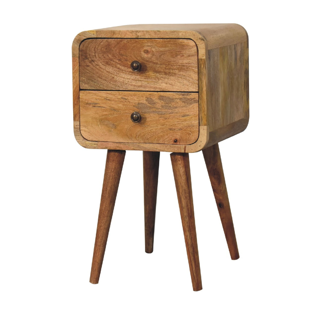 Beige Oak Veneer Solid Mango Wood Mini Circular Nightstand with Round Cutout Handle