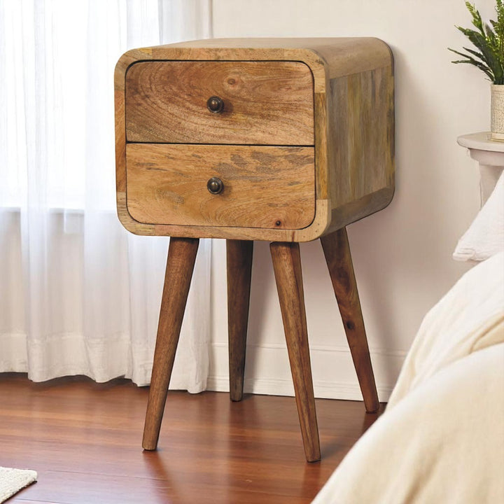 Beige Oak Veneer Solid Mango Wood Mini Circular Nightstand with Round Cutout Handle