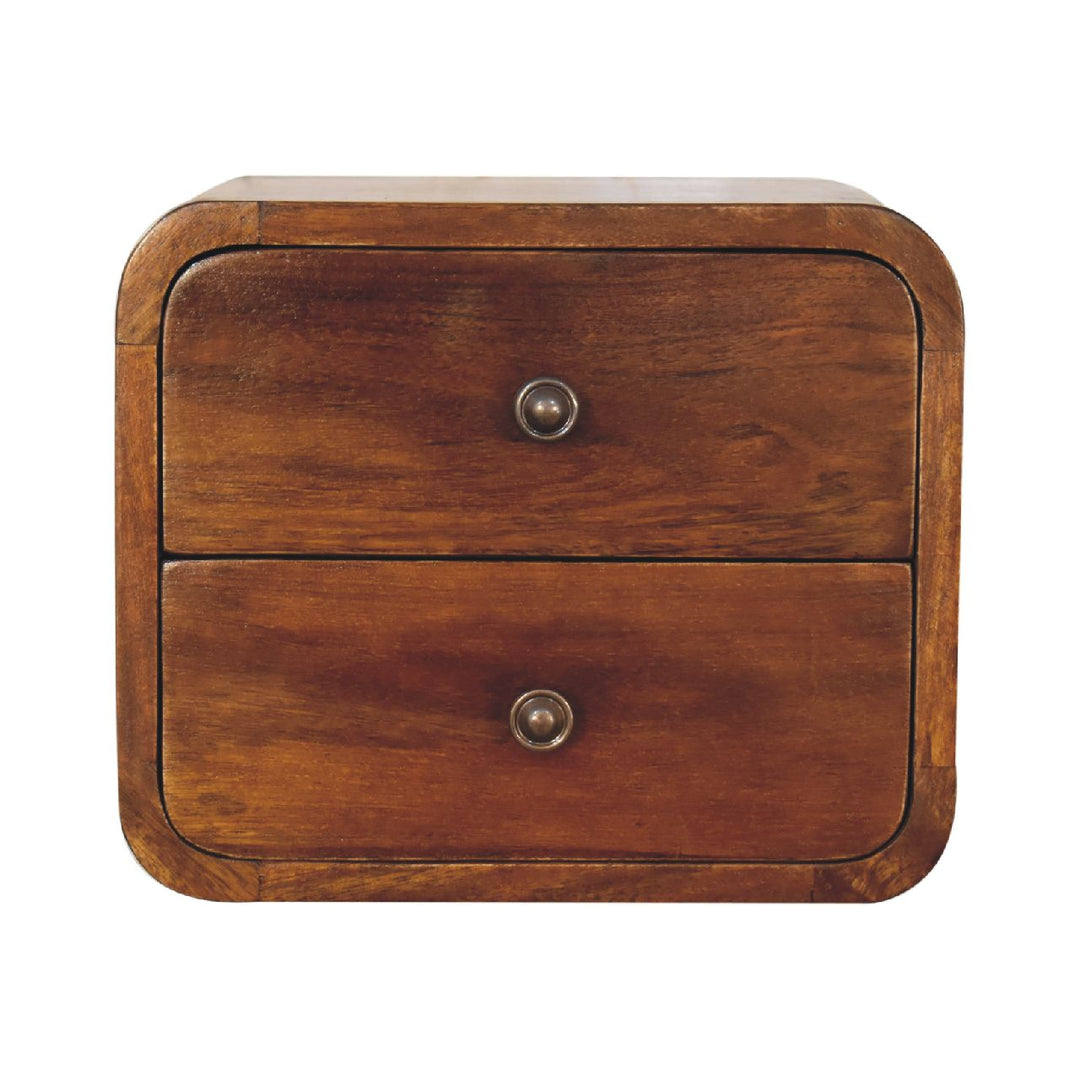 Brown Lacquered Chestnut Solid Mango Wood Mini Hanging Bedside with Brass Lift-Up Drawer