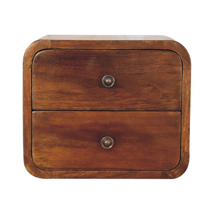 Brown Lacquered Chestnut Solid Mango Wood Mini Hanging Bedside with Brass Lift-Up Drawer