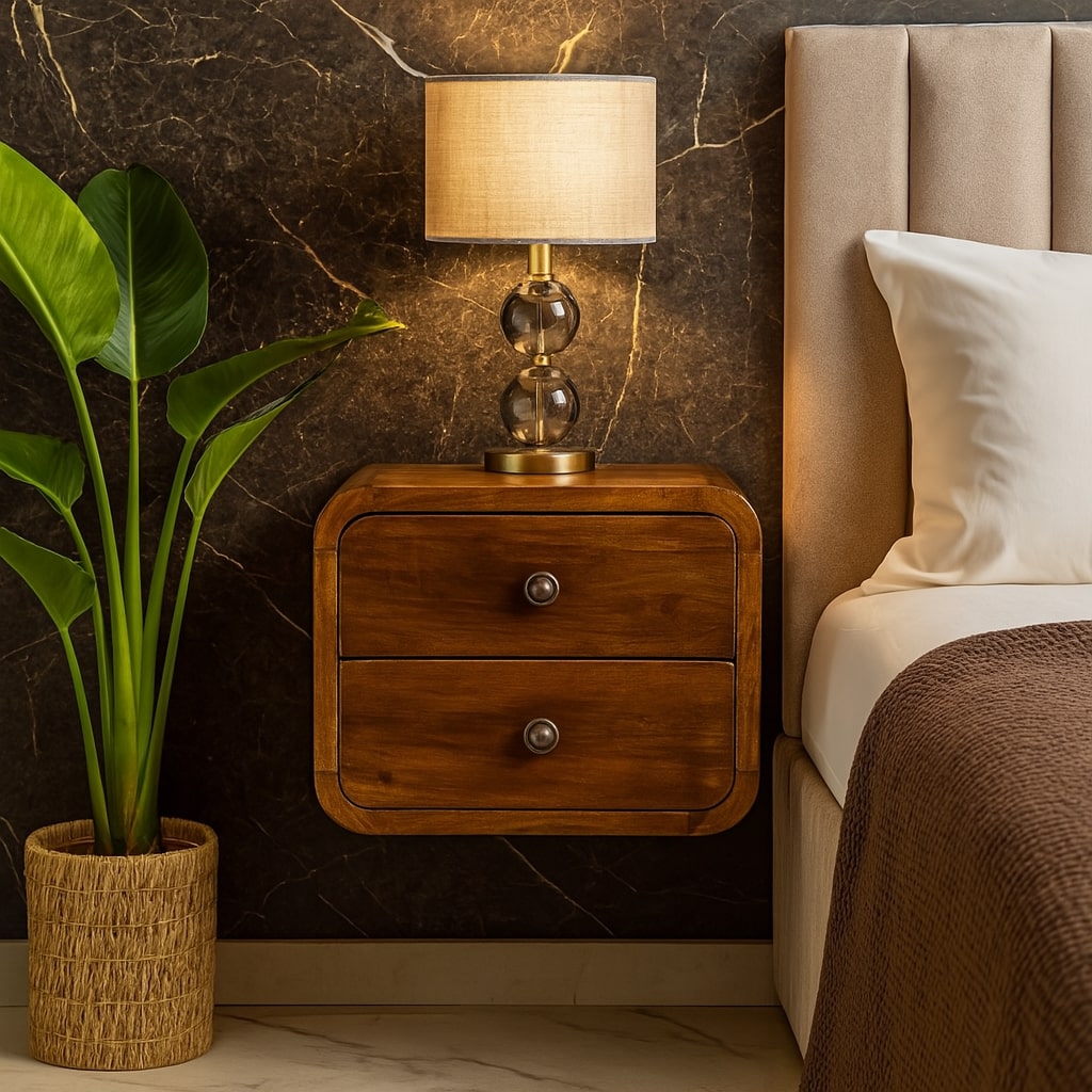Brown Lacquered Chestnut Solid Mango Wood Mini Hanging Bedside with Brass Lift-Up Drawer