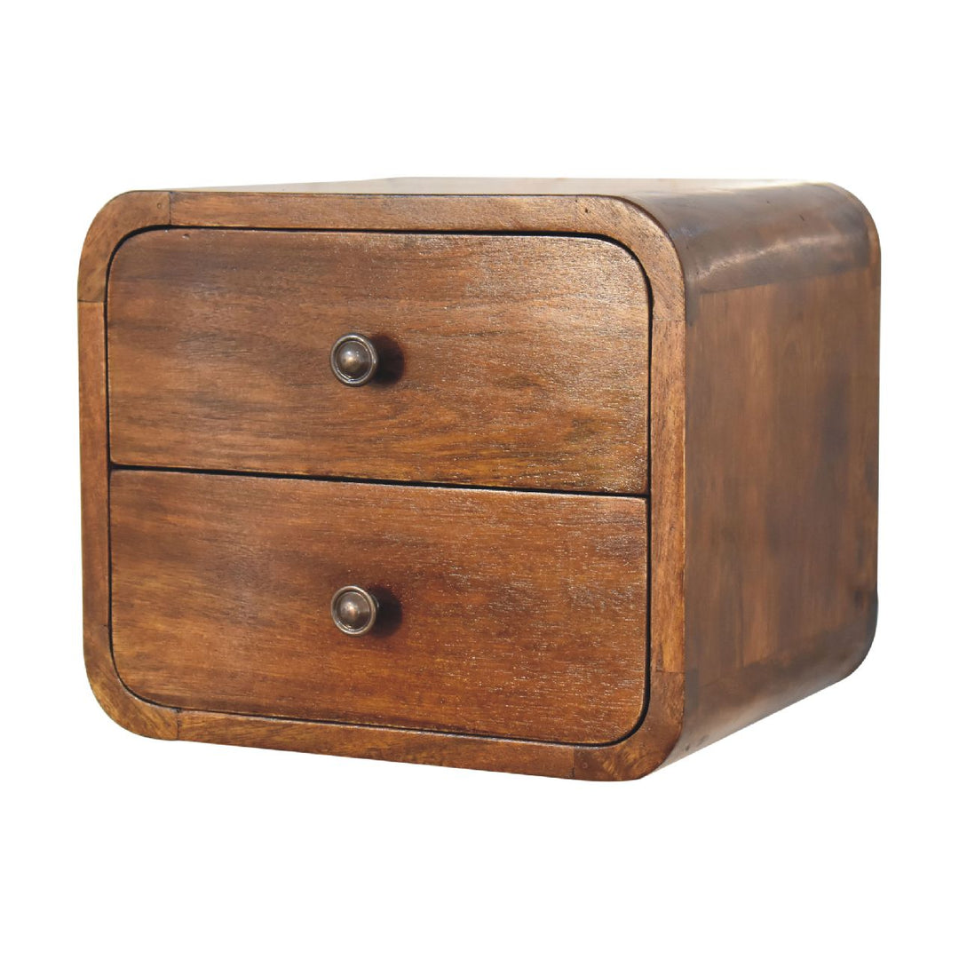 Brown Lacquered Chestnut Solid Mango Wood Mini Hanging Bedside with Brass Lift-Up Drawer