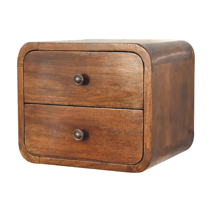 Brown Lacquered Chestnut Solid Mango Wood Mini Hanging Bedside with Brass Lift-Up Drawer
