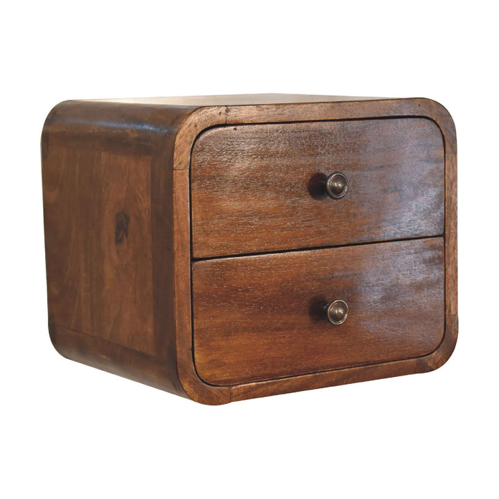 Brown Lacquered Chestnut Solid Mango Wood Mini Hanging Bedside with Brass Lift-Up Drawer