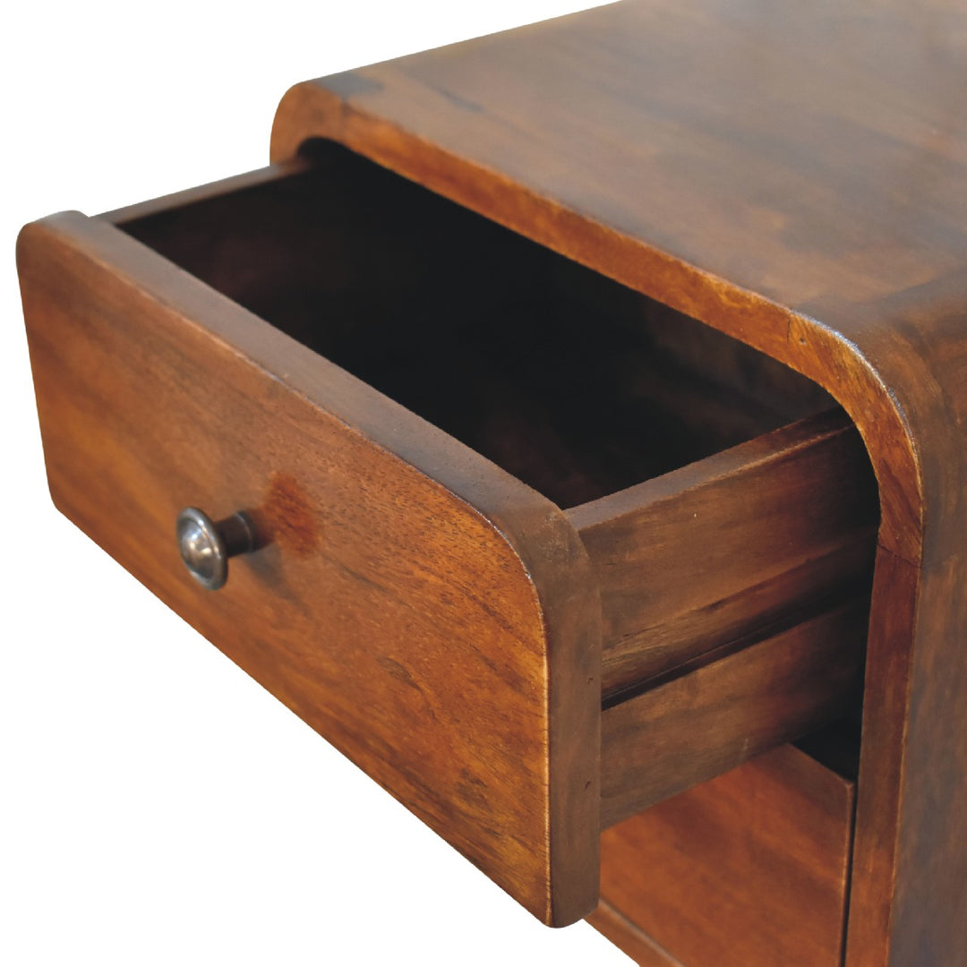 Brown Lacquered Chestnut Solid Mango Wood Mini Hanging Bedside with Brass Lift-Up Drawer