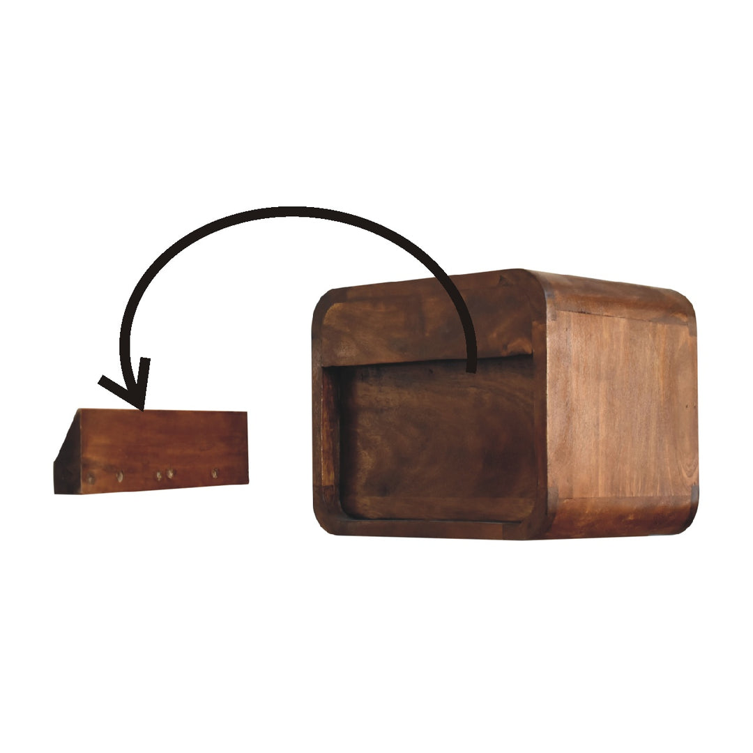 Brown Lacquered Chestnut Solid Mango Wood Mini Hanging Bedside with Brass Lift-Up Drawer