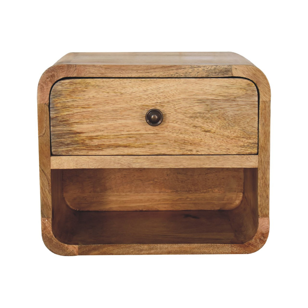 Beige Oak Veneer Solid Mango Wood Mini Bamboo-Inspired Floating Bedside with Open Shelf & Drawer