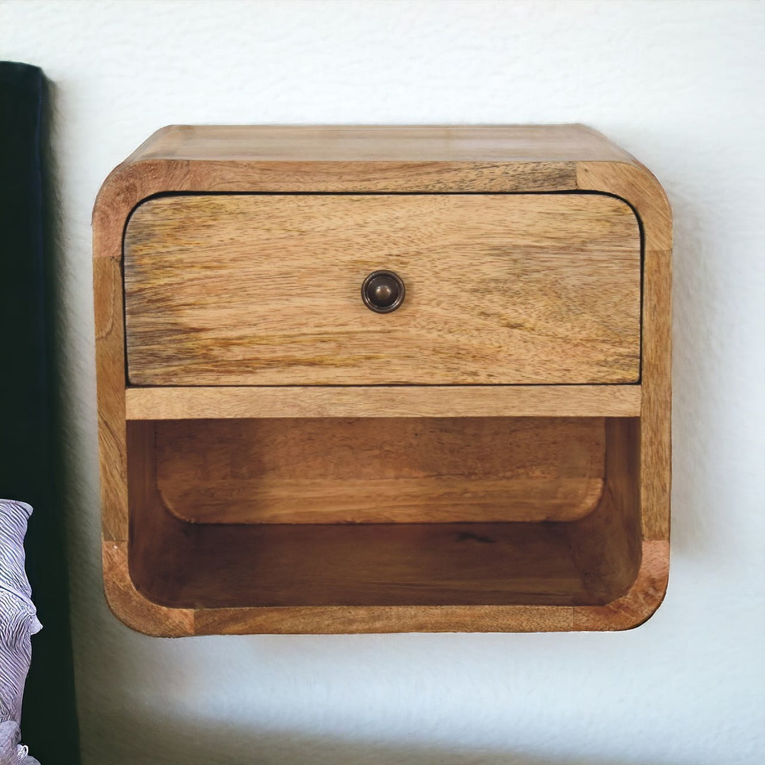 Beige Oak Veneer Solid Mango Wood Mini Bamboo-Inspired Floating Bedside with Open Shelf & Drawer