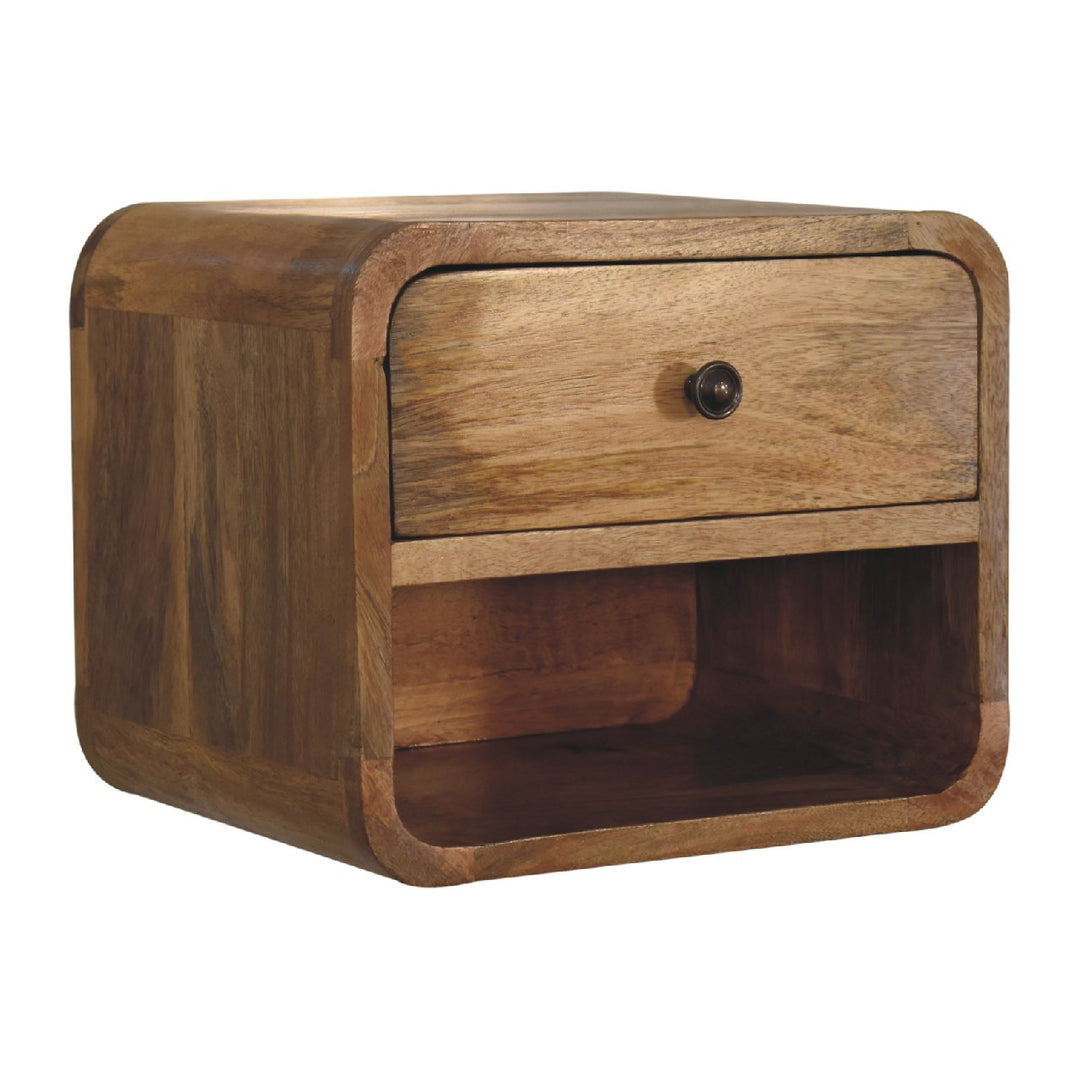 Beige Oak Veneer Solid Mango Wood Mini Bamboo-Inspired Floating Bedside with Open Shelf & Drawer