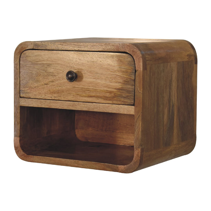Beige Oak Veneer Solid Mango Wood Mini Bamboo-Inspired Floating Bedside with Open Shelf & Drawer