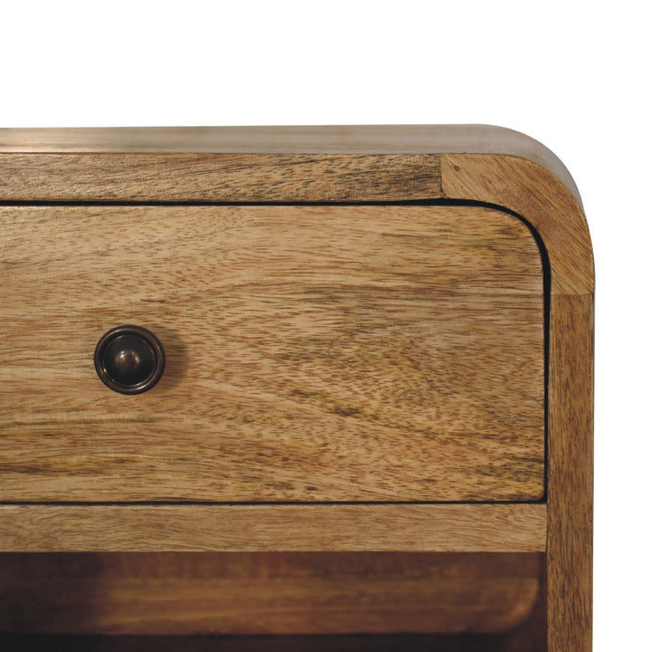 Beige Oak Veneer Solid Mango Wood Mini Bamboo-Inspired Floating Bedside with Open Shelf & Drawer