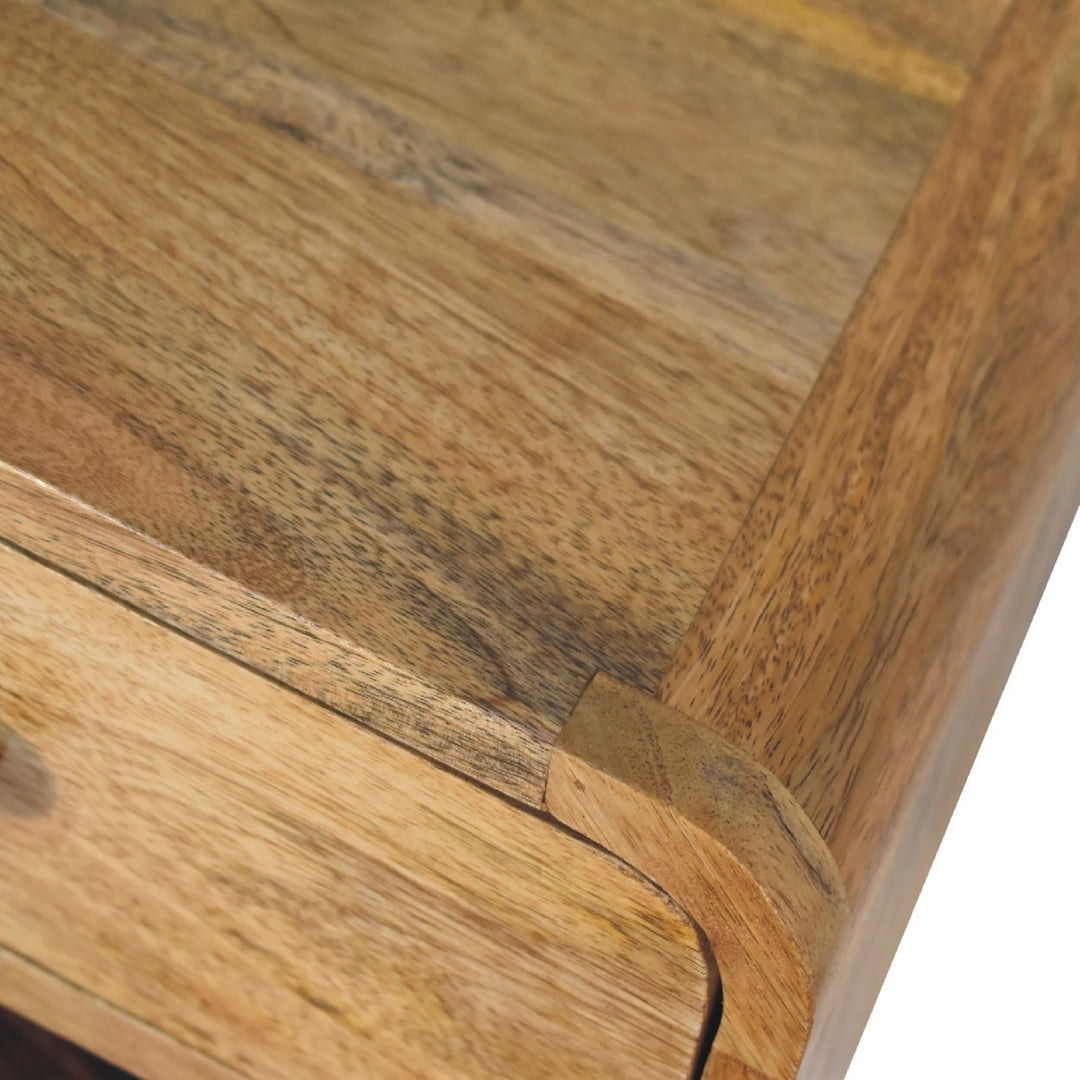 Beige Oak Veneer Solid Mango Wood Mini Bamboo-Inspired Floating Bedside with Open Shelf & Drawer