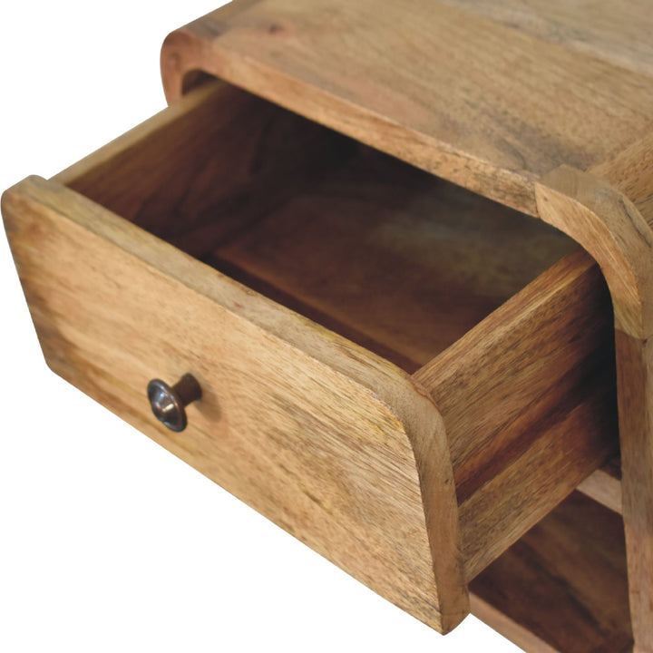 Beige Oak Veneer Solid Mango Wood Mini Bamboo-Inspired Floating Bedside with Open Shelf & Drawer