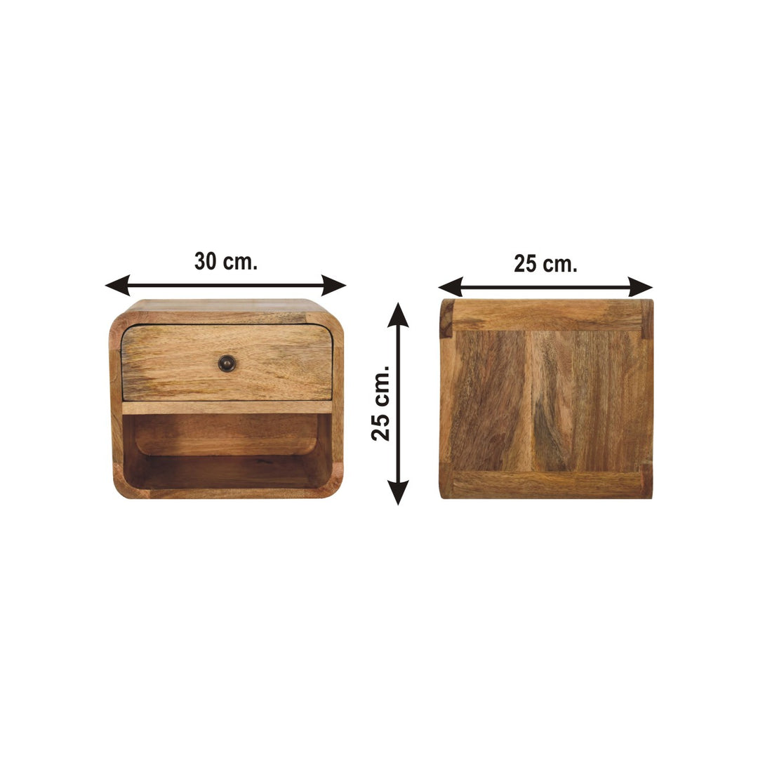 Beige Oak Veneer Solid Mango Wood Mini Bamboo-Inspired Floating Bedside with Open Shelf & Drawer
