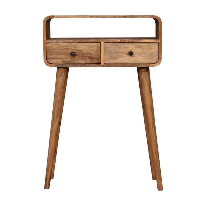 Brown Lacquered Chestnut Solid Mango Wood Small Curved Console with 1 Drawer & Nordic Legs