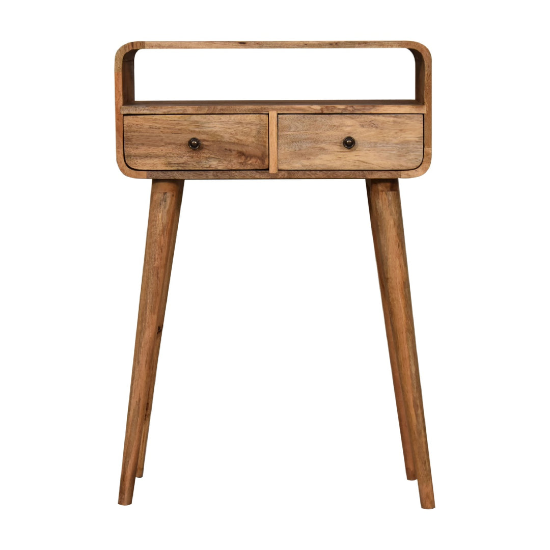 Brown Lacquered Chestnut Solid Mango Wood Small Curved Console with 1 Drawer & Nordic Legs