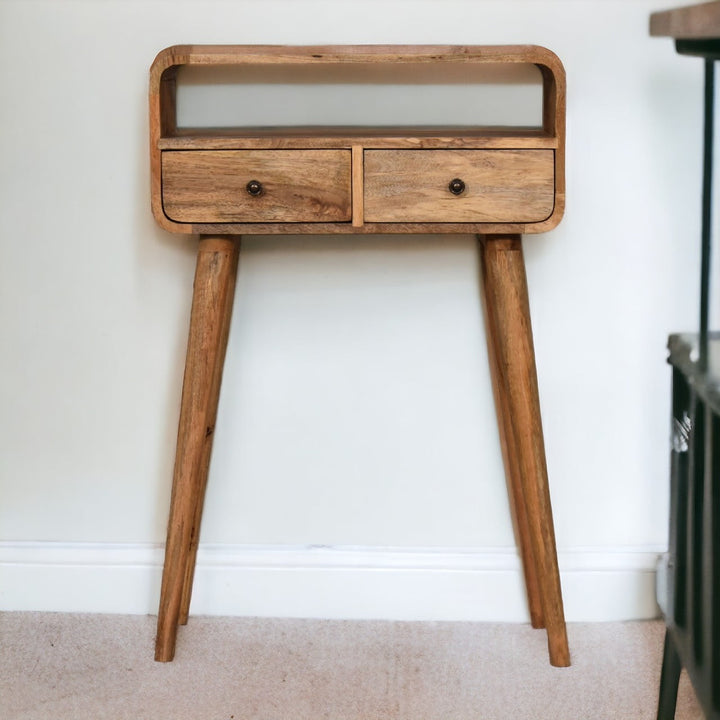 Brown Lacquered Chestnut Solid Mango Wood Small Curved Console with 1 Drawer & Nordic Legs