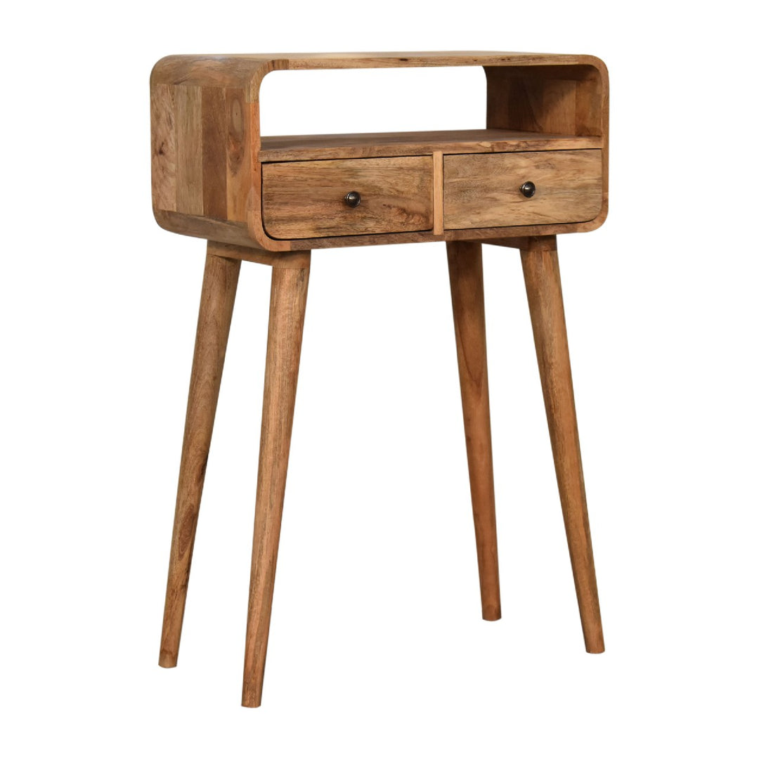 Brown Lacquered Chestnut Solid Mango Wood Small Curved Console with 1 Drawer & Nordic Legs