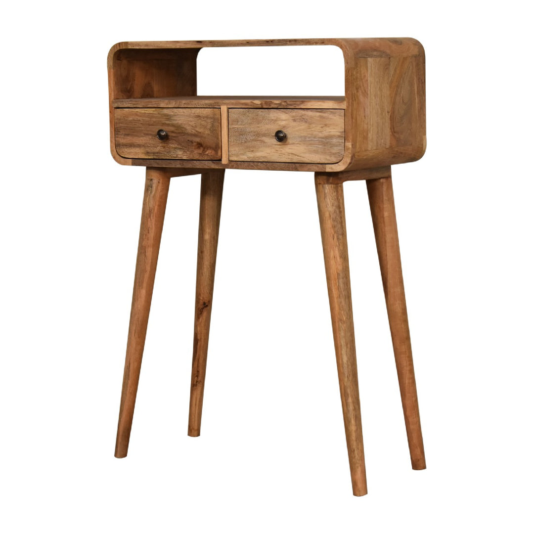Brown Lacquered Chestnut Solid Mango Wood Small Curved Console with 1 Drawer & Nordic Legs