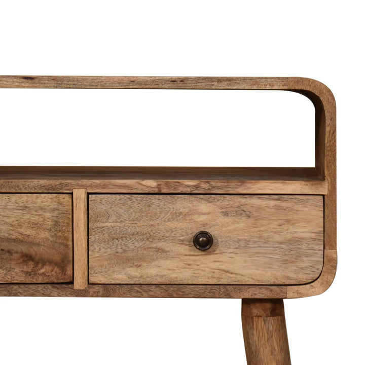 Brown Lacquered Chestnut Solid Mango Wood Small Curved Console with 1 Drawer & Nordic Legs
