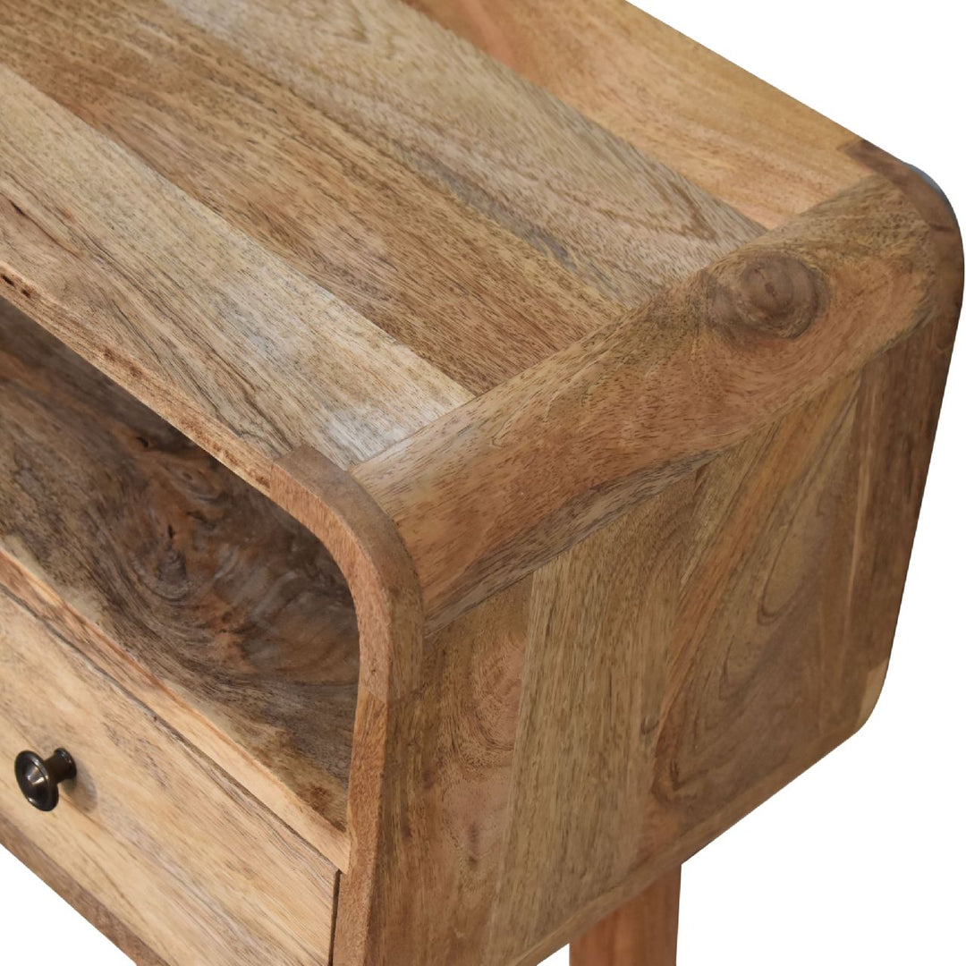 Brown Lacquered Chestnut Solid Mango Wood Small Curved Console with 1 Drawer & Nordic Legs