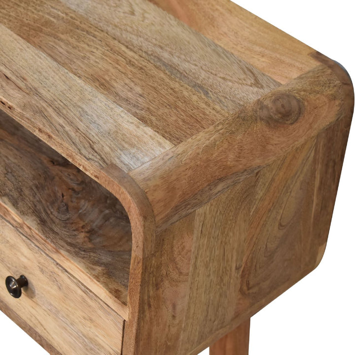 Brown Lacquered Chestnut Solid Mango Wood Small Curved Console with 1 Drawer & Nordic Legs