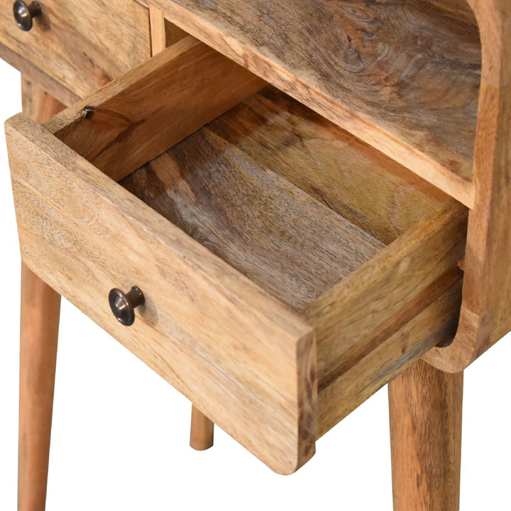 Brown Lacquered Chestnut Solid Mango Wood Small Curved Console with 1 Drawer & Nordic Legs