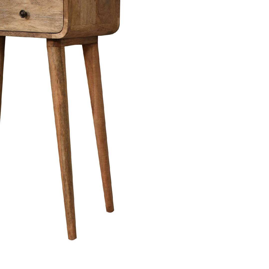 Brown Lacquered Chestnut Solid Mango Wood Small Curved Console with 1 Drawer & Nordic Legs
