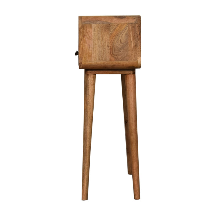 Brown Lacquered Chestnut Solid Mango Wood Small Curved Console with 1 Drawer & Nordic Legs