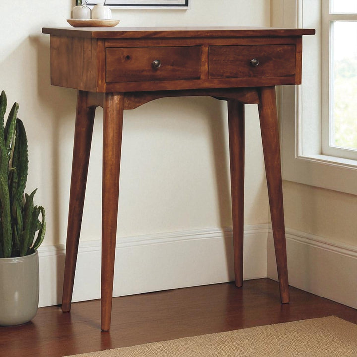 Chocolate Brown Lacquered Solid Mango Wood Mini Chestnut Hallway Console with 2 Drawers