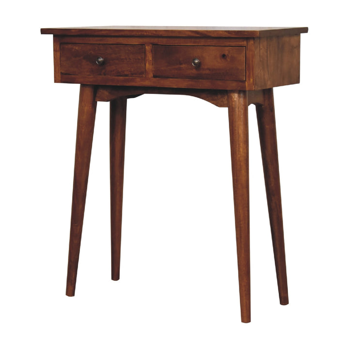 Chocolate Brown Lacquered Solid Mango Wood Mini Chestnut Hallway Console with 2 Drawers